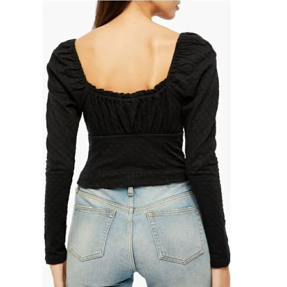 Free People Top Womens Small Black Ladybug Peasant Ruffle Cropped Boho Flirty
